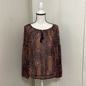 Lucky Brand Boho Silky Long Sleeve Paisley Popover Blouse Size Medium